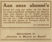 717095 Twee advertenties van het weekblad 'Utrecht in Woord en Beeld', Boothstraat 3) te Utrecht. Met boven een ...